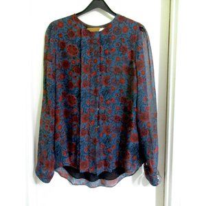 Hanley Mellon 100% Silk 8 Blouse Blue Floral Boho Semi Sheer M Shirt Tunic Mint!